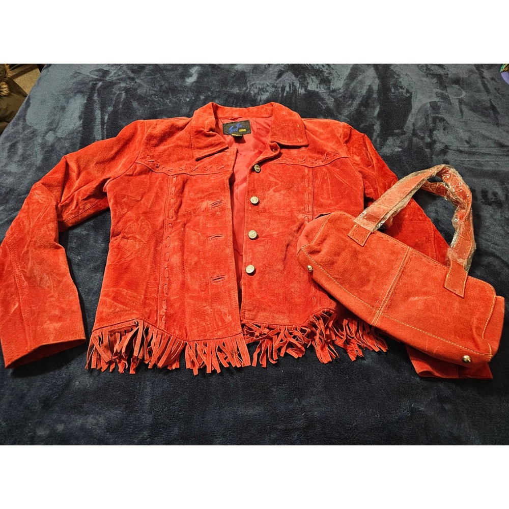 JouJou Skins Red Suede Leather Fringe Jacket and Matching Bag Set Womens Medium